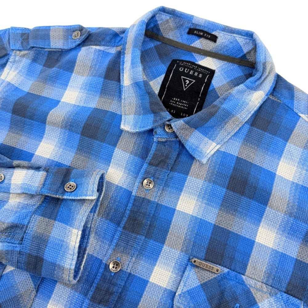 Guess Shirt Mens L Blue Plaid SLIM Fit Long Sleeve Epaulets Pockets Cotton Blend